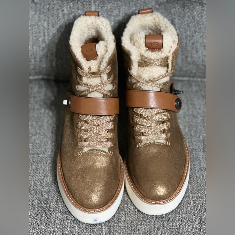 Coach Metallic Bronze and Tan Platform Boots